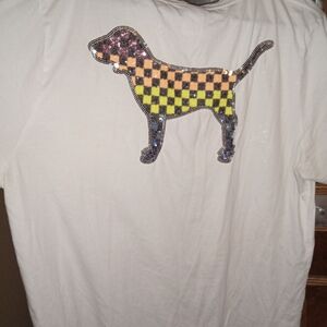 PINK Victoria's Secret White Tee with Checkered Dog Graphic